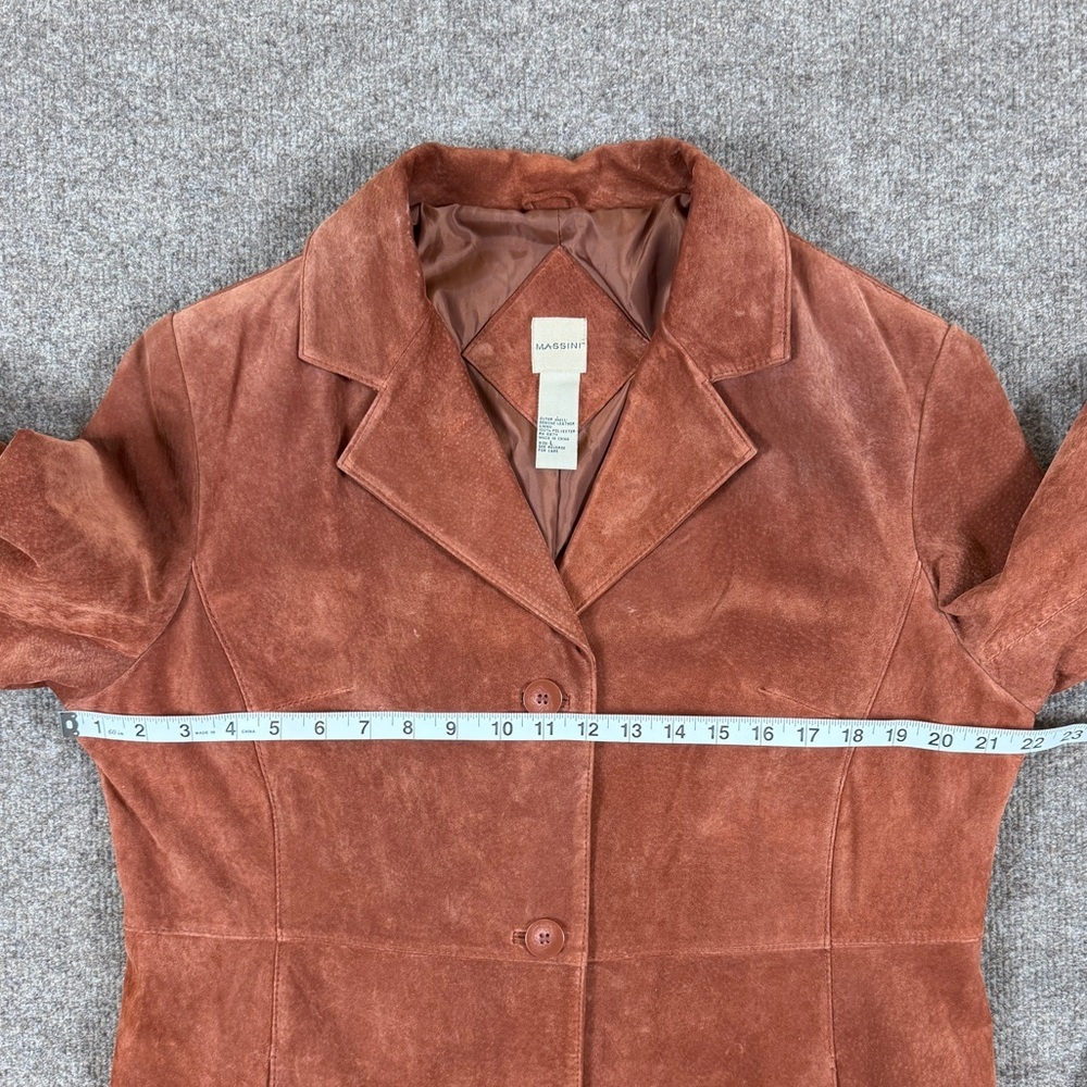 Massini Rust Brown Suede Leather Mid Length Button Front Car Coat Women’s Large - Picture 9 of 9